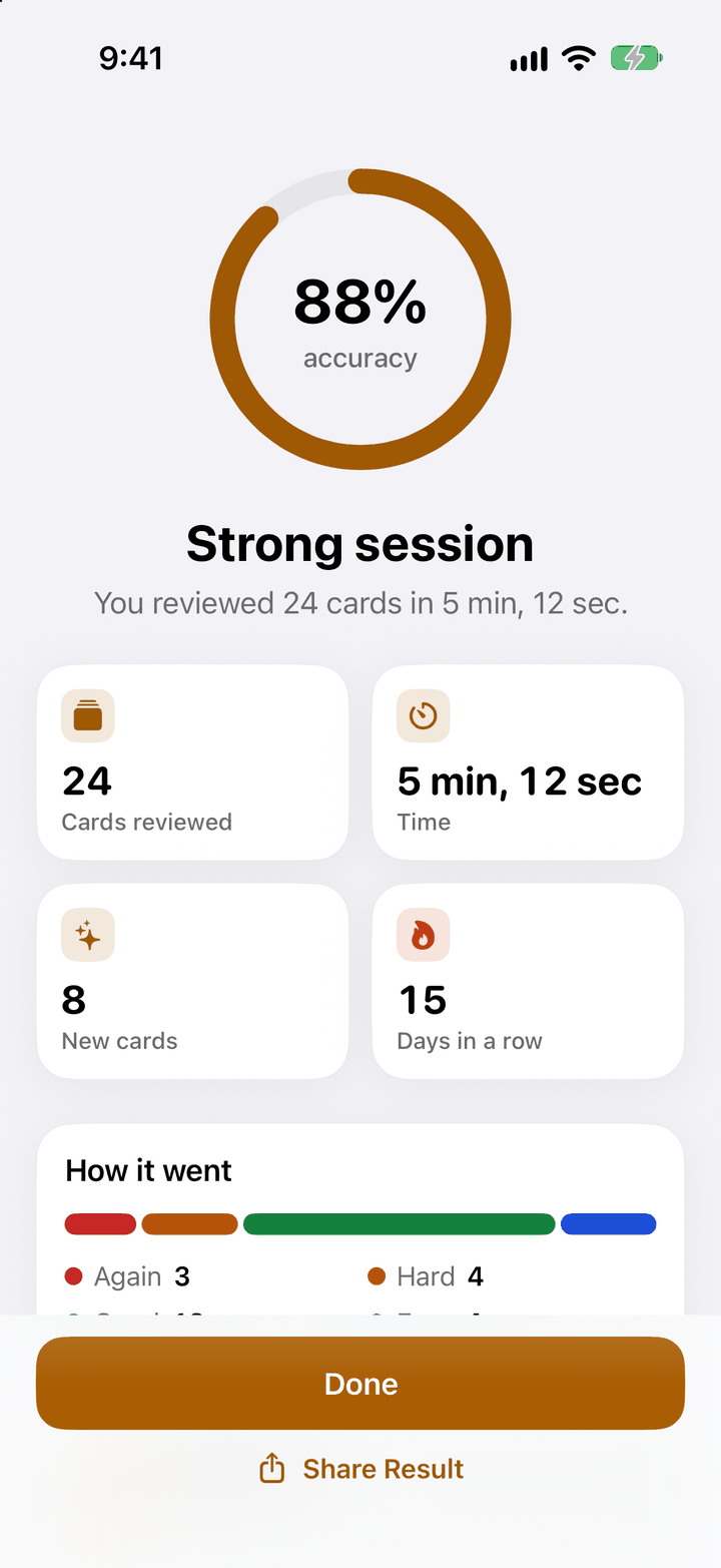 HistoryRecall session summary at the end of a study session