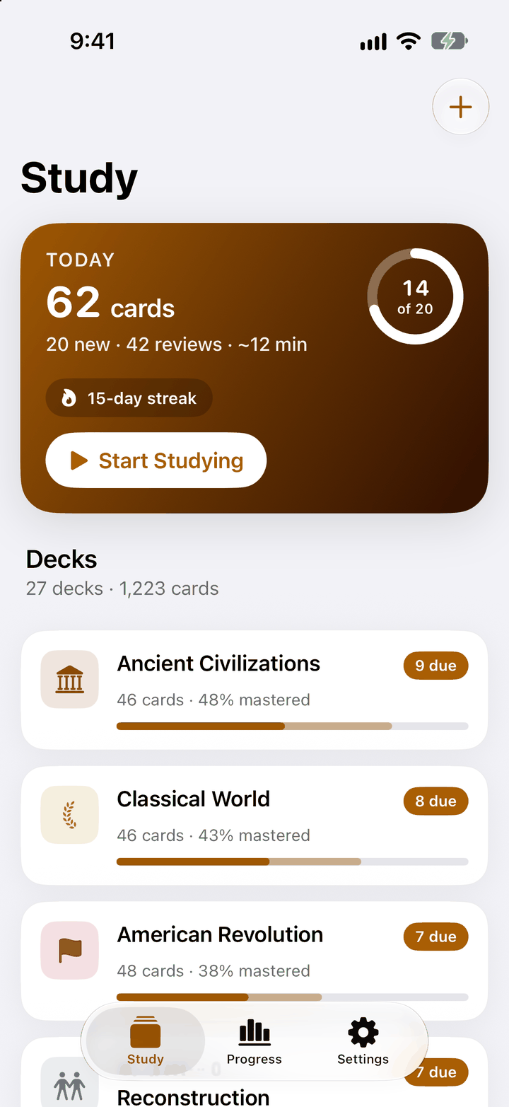 HistoryRecall Today screen with the cards due, new cards, the study streak and progress toward the daily goal
