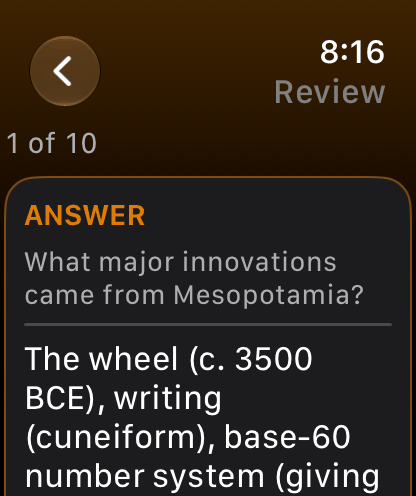HistoryRecall on Apple Watch reviewing a due card